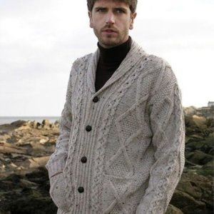 100% Merino Wool Aran Shawl Collar Grandfather Cardigan, Medium